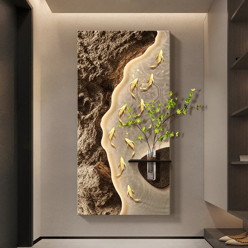

Art Deco Painting Corridor Background Wall Sandstone Murals Nine Fish Painting Entrance Hal Hydroponic Plants