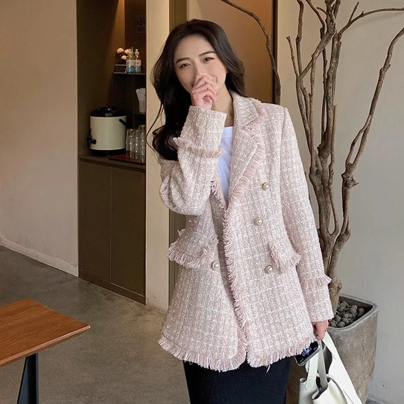 سترة نسائية أنيقة منقوشة عطر فرنسي صغير بحواف خام بدلة شرابة سترة بأزرار معطف نسائي جمالي فضفاض غير رسمي #6