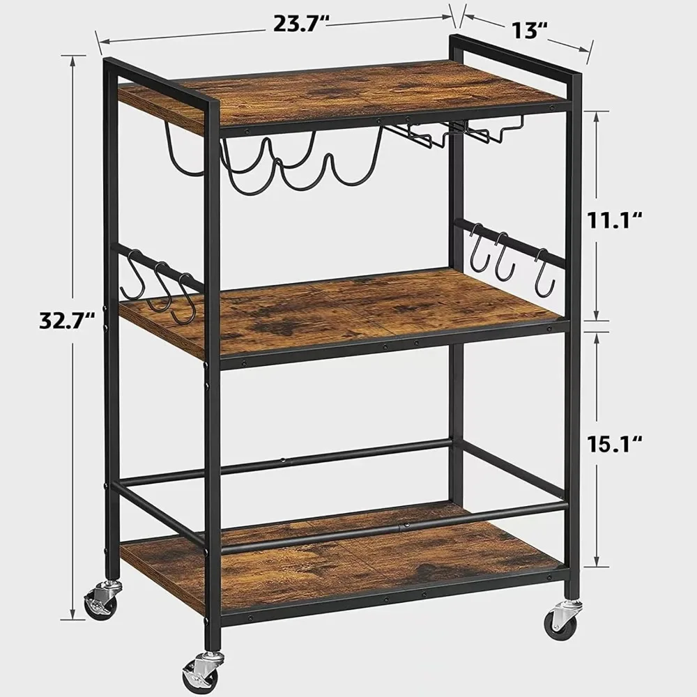 Bar Cart, Serving Cart for Home, Microwave Cart, Drink Cart, Mobile Kitchen Shelf with Wine Rack and Glass Holder