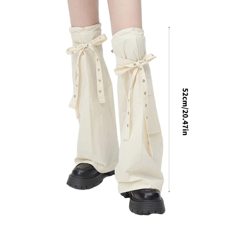 Women Punk Cargo Drawstring Leg Warmer with Eyelets Straps and Pockets Harajuku Boot Cover Over Knee Flared Stockings