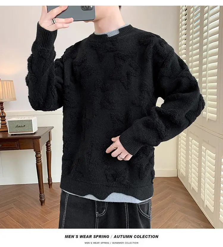 Autumn Winter Pullover Sweater Men Round Collar Loose Teenagers Knitwear Warm Solid Warm Soft Flower Star Print