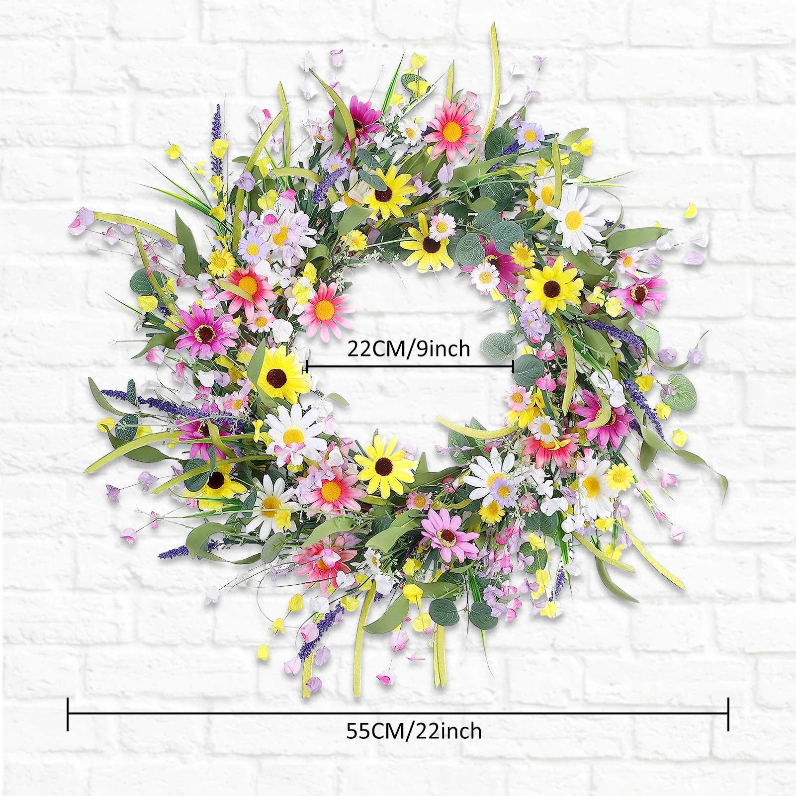 Wreath for Front Door, 22'' Eucalyptus Wreath, Colorful Little Daisies and Winter Jasmine, Home Decor for Farmhouse, Front Door,