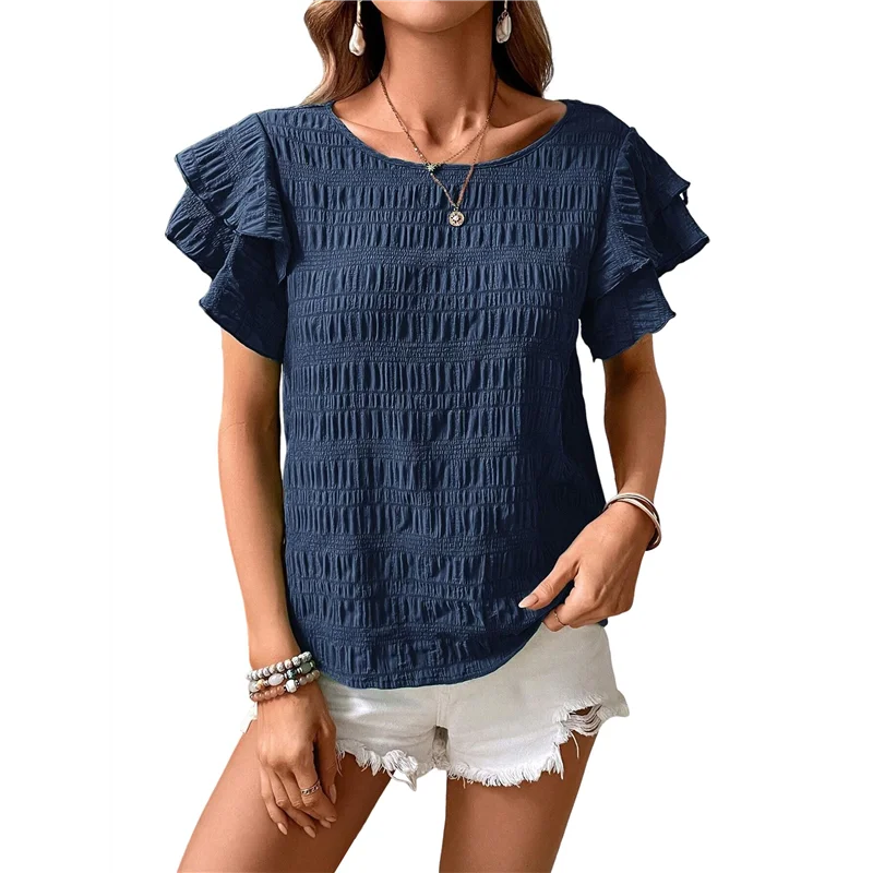【SEE】สตรีฤดูร้อนเสื้อ Ruffle แขนสั้น Crewneck เสื้อ Textured สุภาพสตรี Elegant เสื้อธุรกิจ Dressy Casual