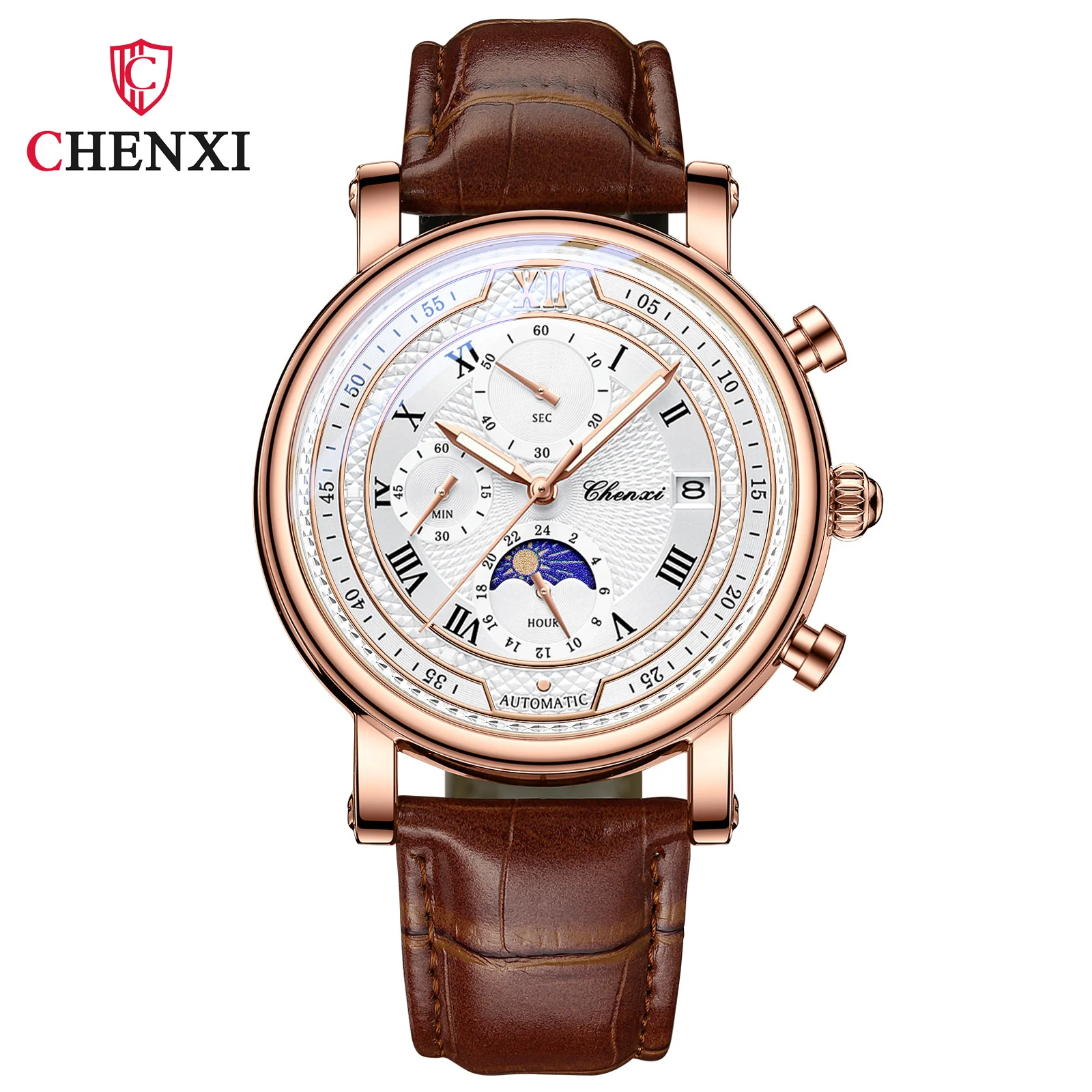 Chenxi 976 Leder Chronograph Datum Herrenuhr Mondphasenanzeige Business Leuchtende Quarzuhr Relojes Para Hombres
