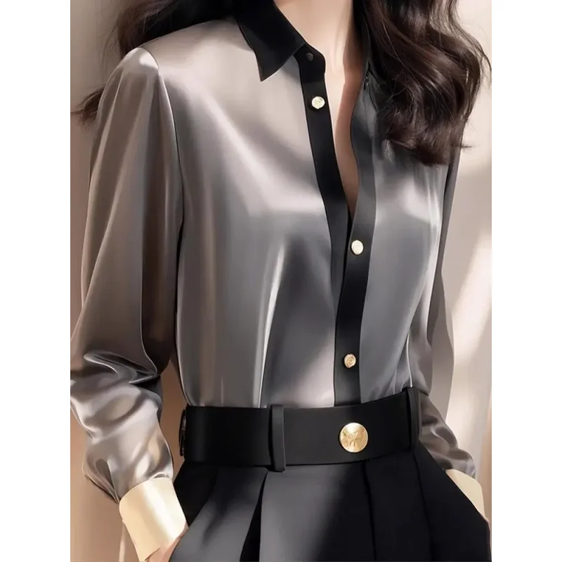 Chemise française à manches longues en Satin pour femmes, à la mode et polyvalente, Cardigan à boutons polyvalent, printemps et été