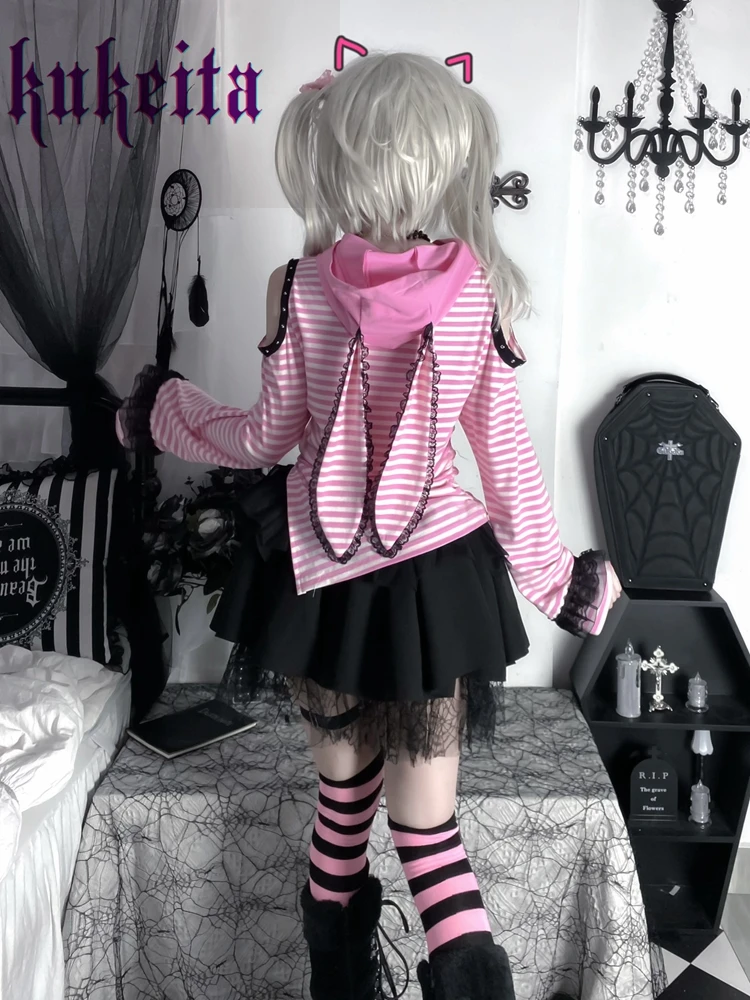 Harajuku Rabbit Ear Hoodies Japanese Kawaii T Shirts Y2k Aesthetic Women T-shirt Gothic Lolita Lace Pink Striped Top Grunge Tees