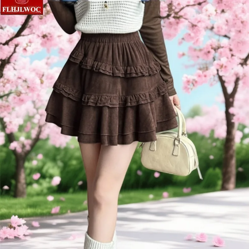 

New Year Autumn Winter Ballet Style Suede Sweet Cake Skirt Y2K Hot Cute Japan Girls Layer Ruffles A Line Mini Short Skirts