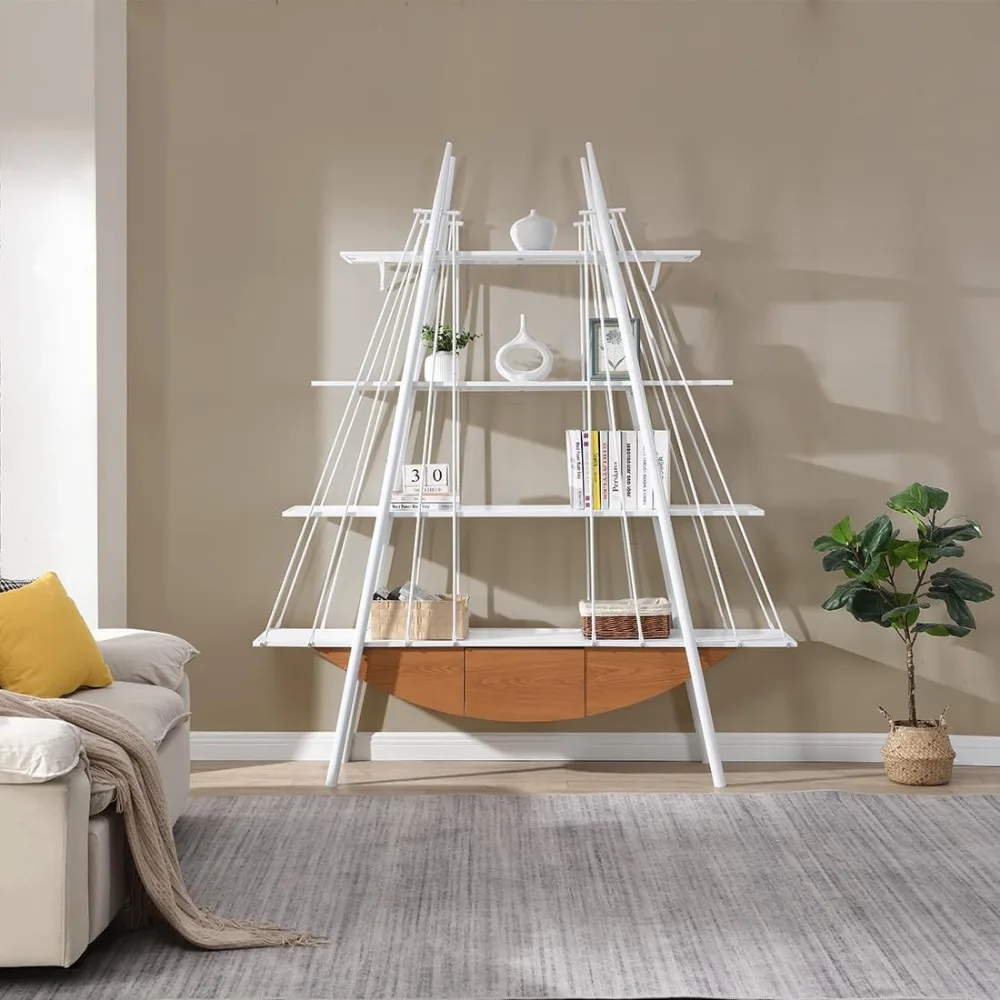 Bookshelf, 4 Tier Ladder Bookcase with Drawer 84.3 Tall Bookshelves for Storage Display Decor Easy Assembly Bookcase