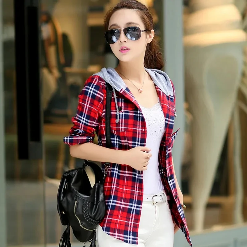 2023 New Spring Autumn Polyester Cotton Plaid Shirt Women's Hooded Sanding Long Sleeve Shirt Tops Thin Shirt Jacket Female