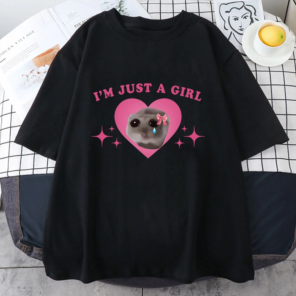 Sad Hamster Tshirt I'm Just A Girl Cartoon Printing Tee-shirt Casual Short Sleeve Summer Tshirts Cotton High Quality Girls Tees