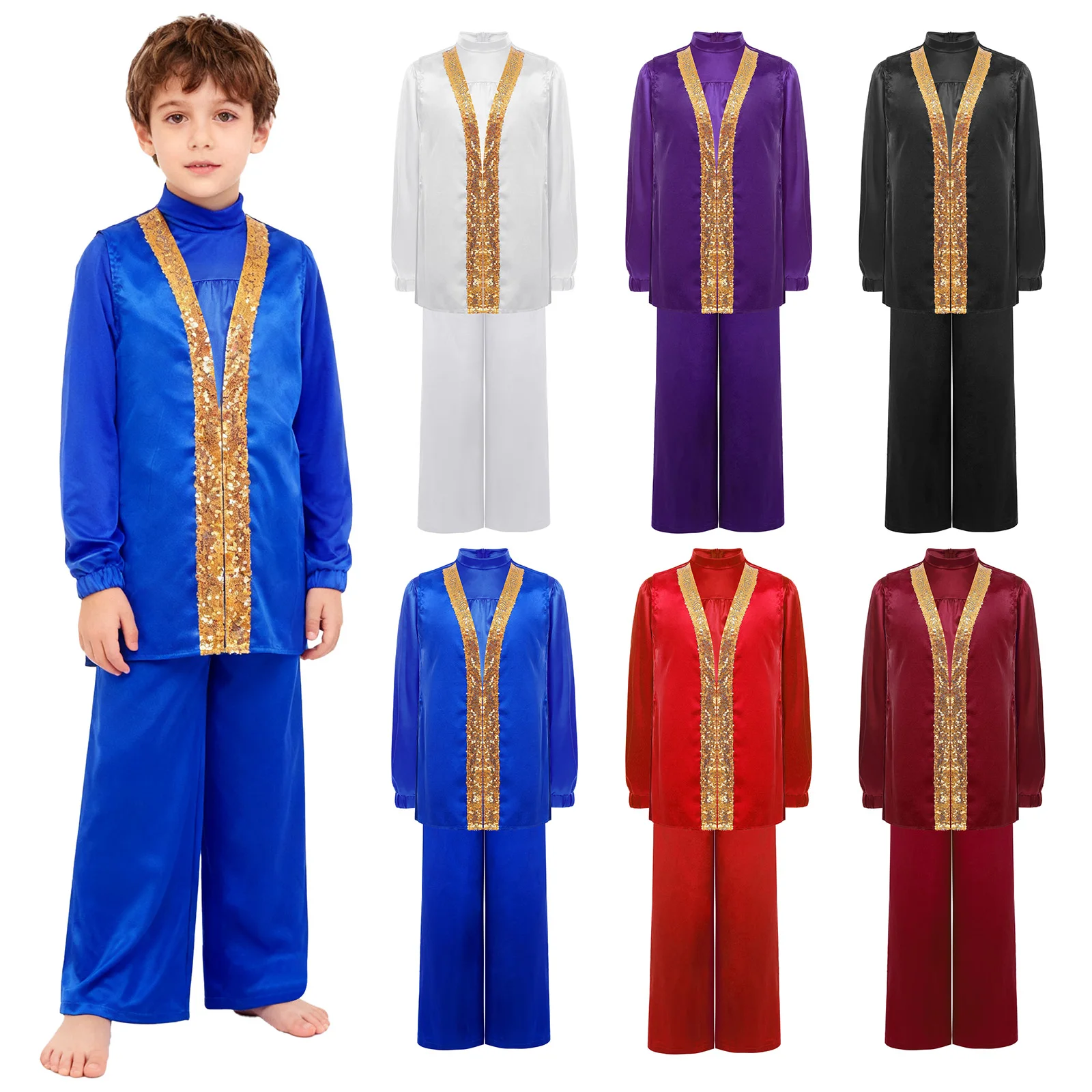 Trajes de adoración litúrgica para baile de alabanza para chico, conjunto lírico para niños, Top de satén con cremallera de manga larga, bata y pantalones divididos en los lados sin mangas