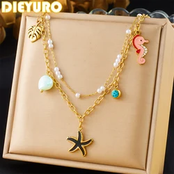 DIEYURO 316L Stainless Steel Pearl Leaf Seahorse Black Starfish Double-layer Necklace For Women Fashion Neck Chain Jewelry Gift