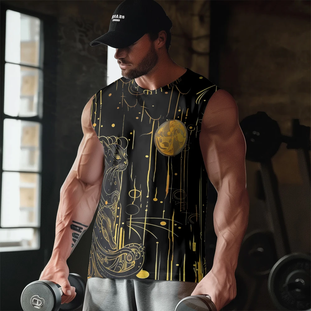 Simple Vintage Black Cat With Gold Thread Print Gym Casual Tank Top Sleeveless Thin Train Vest Youth Men's Sports Fitness Vest