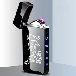 Briquet d'extérieur à détection tactile électrique en métal, coupe-vent, double arc, affichage LED, plasma sans flamme, rechargeable par USB, haute puissance