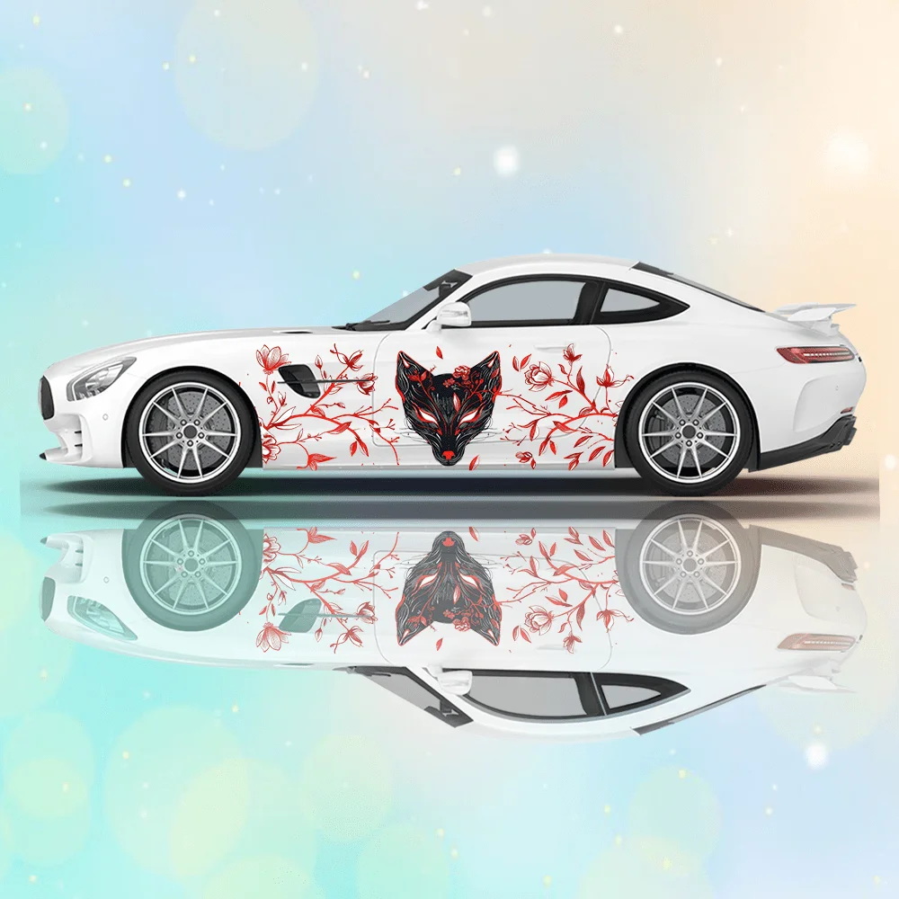 Red and Black Line Fox Mask Car Vinyl Wraps Decal Self-adhesive PVC Sticker Suitable for Trucks SUV Decoration Auto Accessories