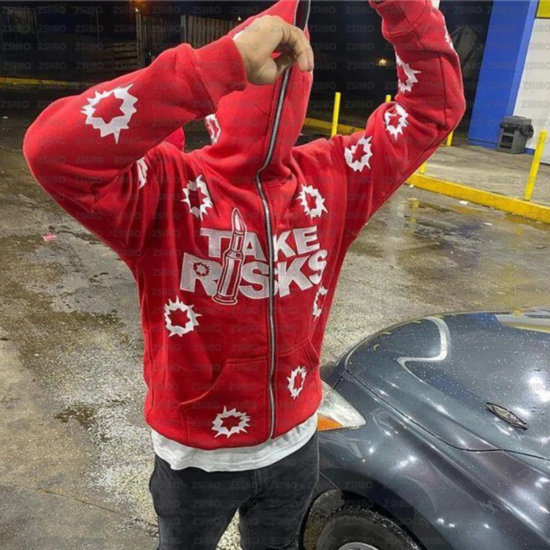 

European and American street trends Y2K hip-hop fashion zipper print hoodie sweater cardigan casual men's and women's coats
