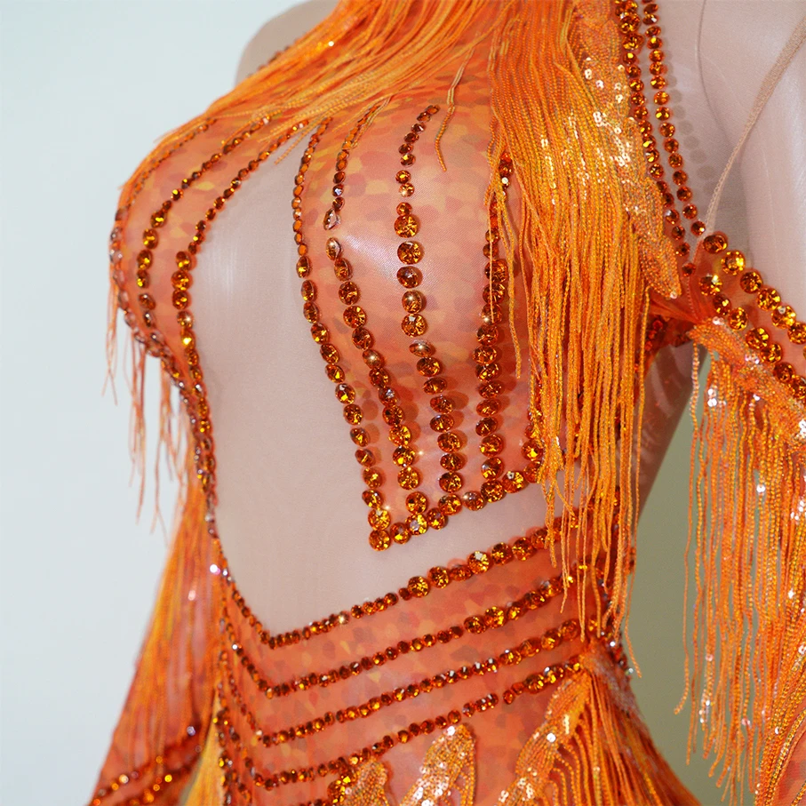 Damen Orange Fransen-Paillette – Sexy Mesh Sheer Bodycon Dress Bewertung und Preis