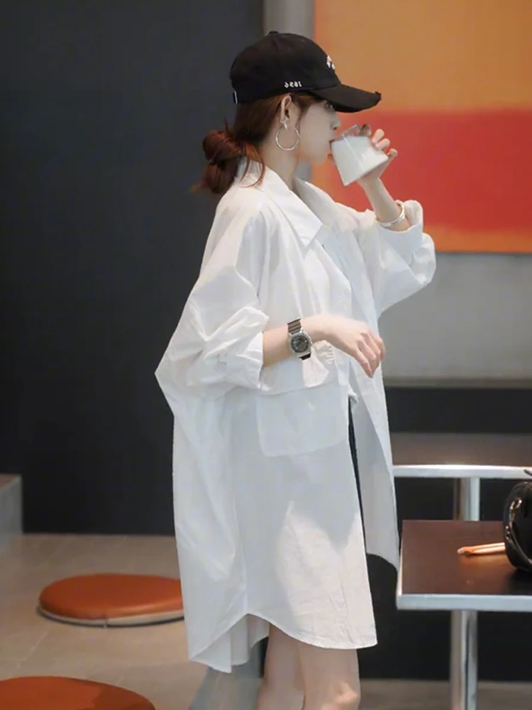 

White Loose Women's Shirt Spring New Style Lazy Fashion Sunscreen Coat Butt Covering Mid-Length Top Outerwear Korean Version