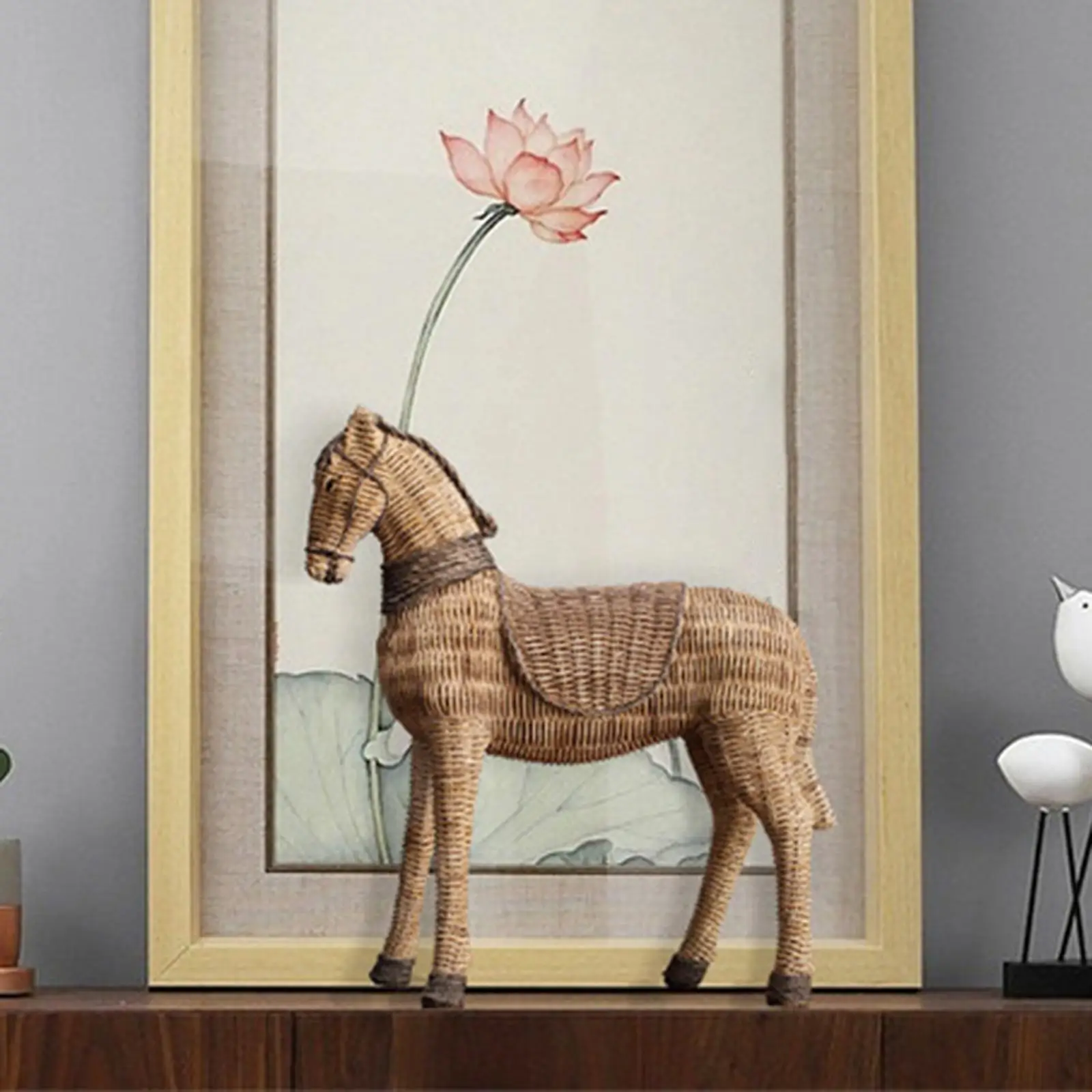 Retro  Rattan Horse Statue Table Sculpture Figurine Decorative Art Crafts Handmade for Home Bookshelf Office Decor Gift