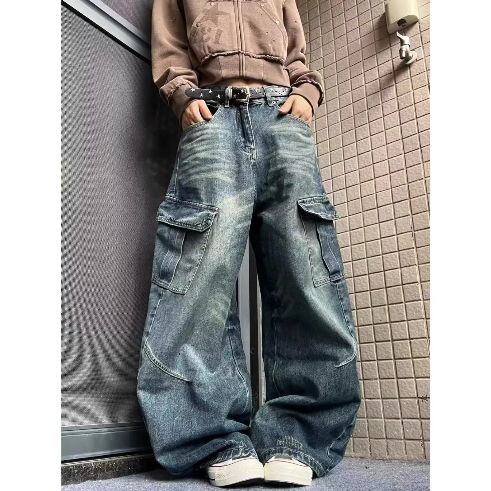 

Свободные повседневные рабочие брюки, женские тонкие прямые джинсы с высокой талией и несколькими карманами, осень-зима, большие размеры, удобные для отдыха