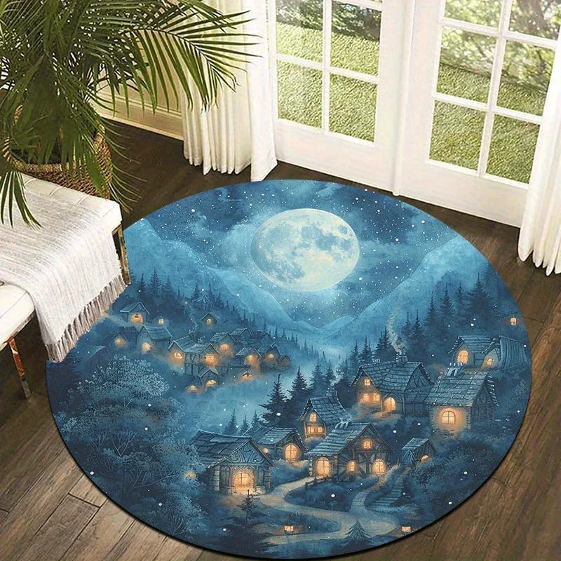 

1 шт. Очаровательный круглый коврик Moonlit Village — нескользящий коврик для машинной стирки с уютным коттеджем и ночной сценами в полнолуние, мягкий полиэстер