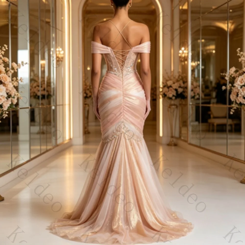 Customized Off Shoulder Satin Mermaid Evening Gown Beaded Corset Bodice Gradient Tulle Hem Sweep Train Formal Prom Party Dress