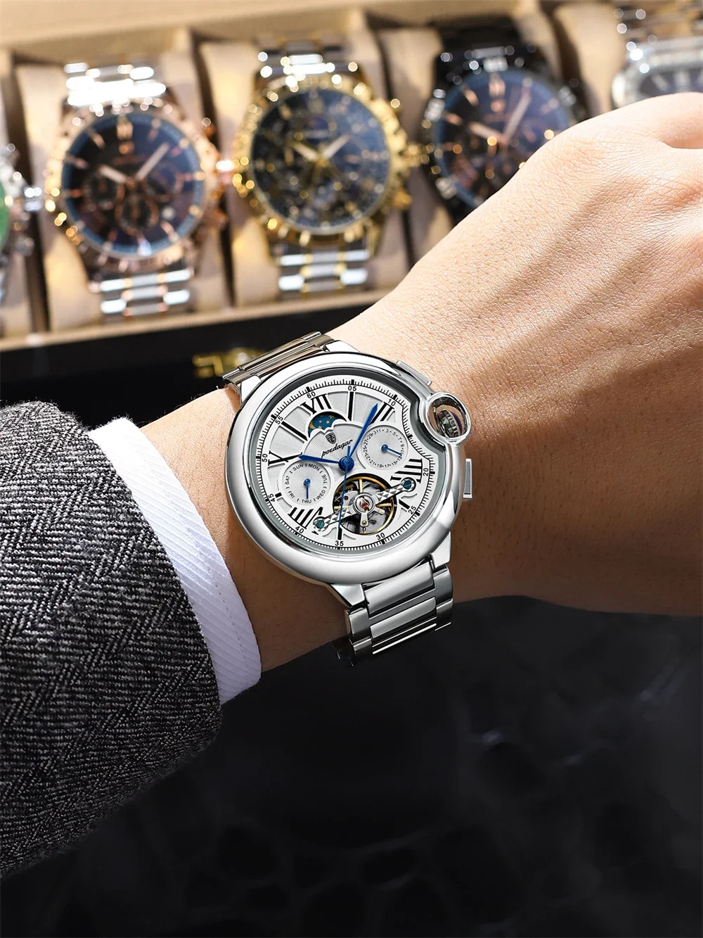 POEDAGAR ساعة رجالية فاخرة مجوفة توربيون أوتوماتيكية ميكانيكية للرجال مقاومة للماء للتاريخ والأسبوع ساعات رجالية من الفولاذ المقاوم للصدأ