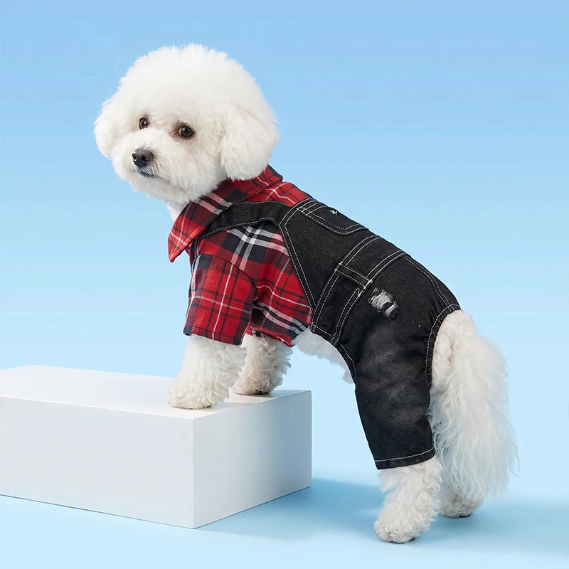2026 Spring and Summer Fashion Dog's Clothing Clothes Plaid Shirt with Patchwork Denim Overalls