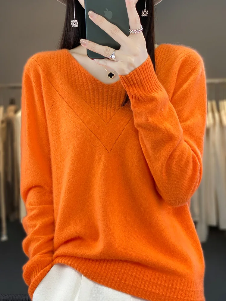 Spring Autumn Sweaters For Women V-neck Pullover 100% Merino Wool Knitwear Comfortable Long Sleeve Cashmere Korean Popular Tops