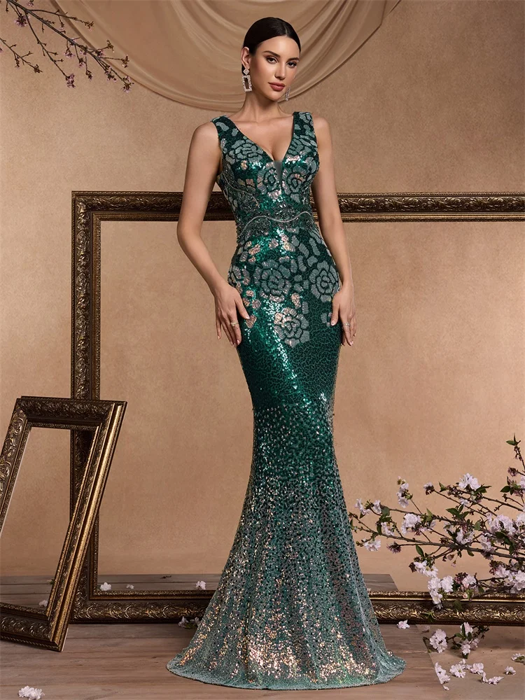 

XUIBOL Elegant V-Neck Green Sequins Evening Dresses Long New Luxury Women Formal Mermaid Wedding Party Prom Cocktail Gowns