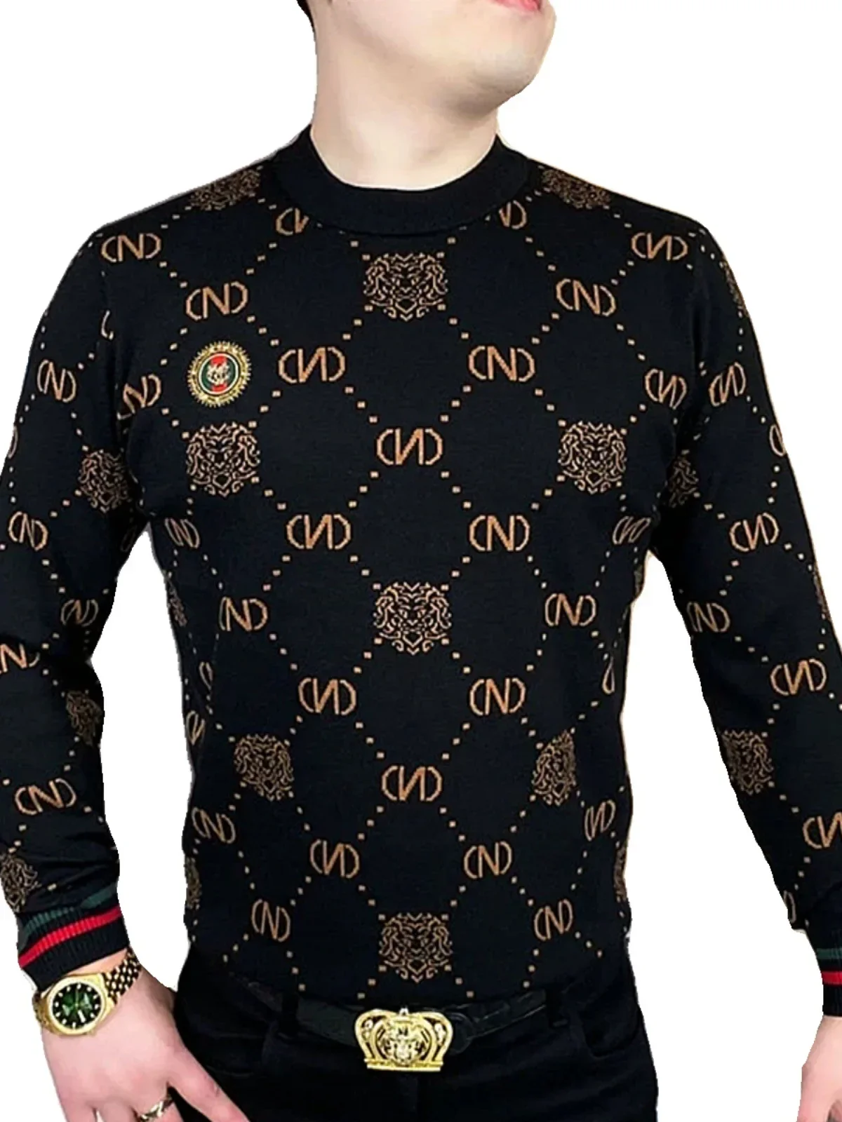 New Men's Fleece-lined Thickened Fleece Shirt Long-Sleeved Sweater Slim Printed round Neck All-Matching Warm Base Top