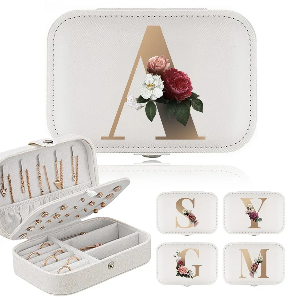Earrings Storage Bag Jewelry Box Desktop Drawer Necklace Ring Holder PU Leather Organizer Display Golden Flowers and Letters2026