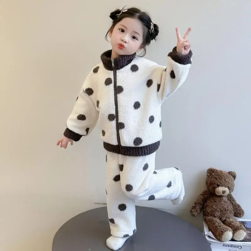 

Child Winter Coral Fleece Pajamas Two-Piece Set Girl Zip-Up Jacket Thicken Autumn Tops Pants Kawaii Fashion New Casual Homewear