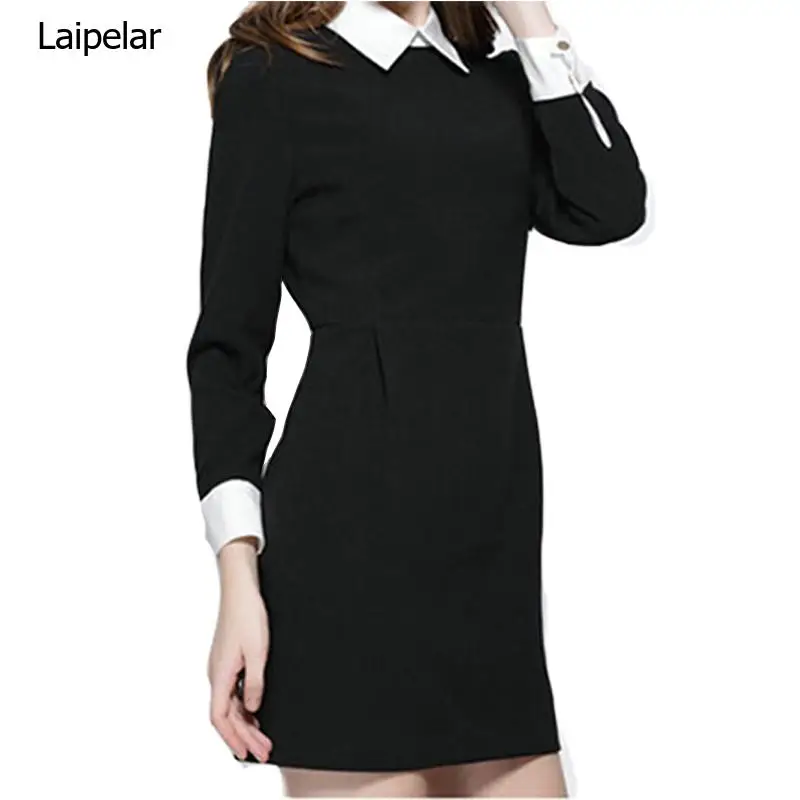 

Winter Fashion Women Office Black Dress With White Collar Casual Slim Vestido Vintage Dresses Brand Vestidos