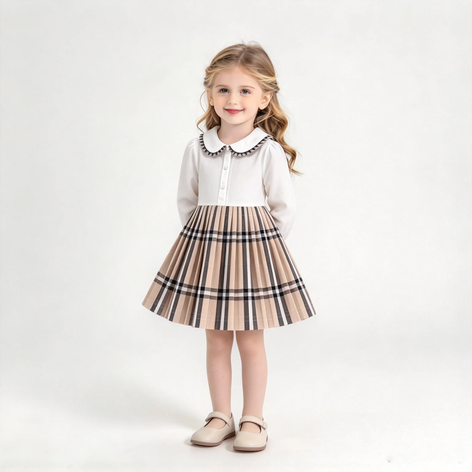 Baby Girls Spring and Autumn Long Sleeve with Button Plaid Striped for Preppy Style Party Dress Kids Clothes