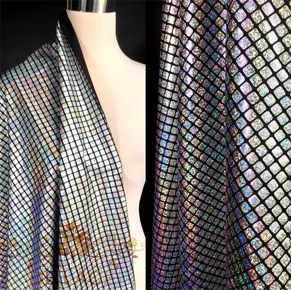 

HS Luxury Elastic Knit Laser Sequins Geometry Square Lattice Magic Color Wedding Dress Special Fabric