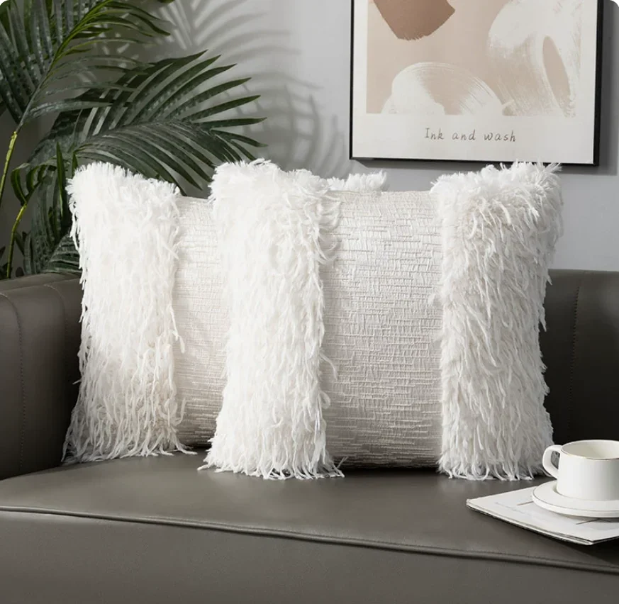 Modern Minimalist Two-Tone Spliced Cushion Cover Pink Shaggy Fringe Patchwork Throw Pillow Case for Sofa Living Room Bedroom