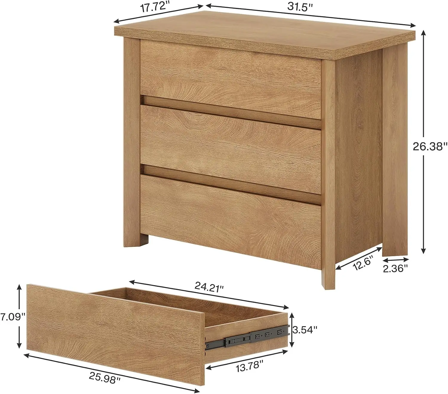 Oversized 3 Drawers Nightstand, Large Rustic Wood Night Stands with Storage for Bedroom and Small Spaces, Easy Assembly, Rustic