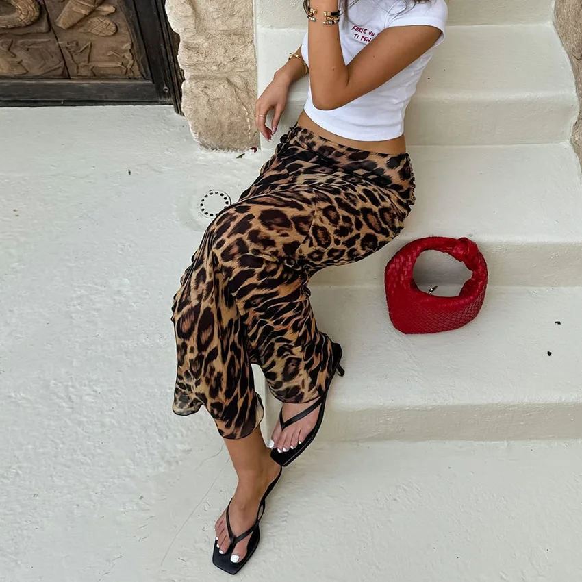 Leopard Print Long Skirts Women Satin Summer Office Elegant Maxi Zipper Skirt Satin Silk Fashion Fishtail Skirt Women Summer