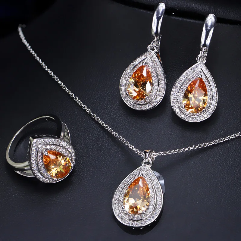 HuiSept Rings Earrings Necklace 925 Silver Jewelry Set for Women Wedding Party Water Drop Shape Sapphire Gemstone Gift