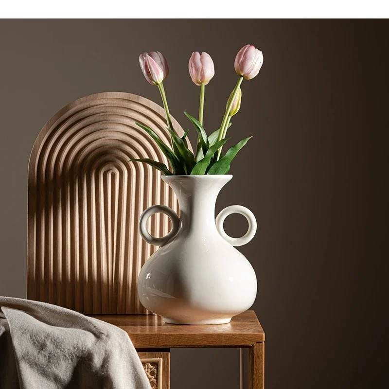 Retro Teapot Ceramic Vase White Porcelain Vase Double-eared Pot Flower Arrangement Accessories Flowerpot Home Decoration