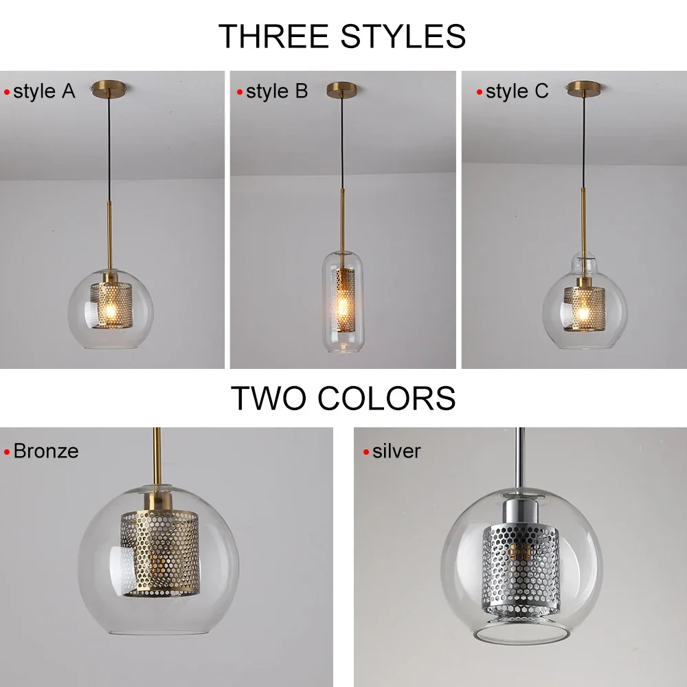 Sliver Bronze Loft Modern Pendant Light Glass Ball Hanging Lamp Kitchen Light Fixture Dining Hanglamp  Living Room Luminaire