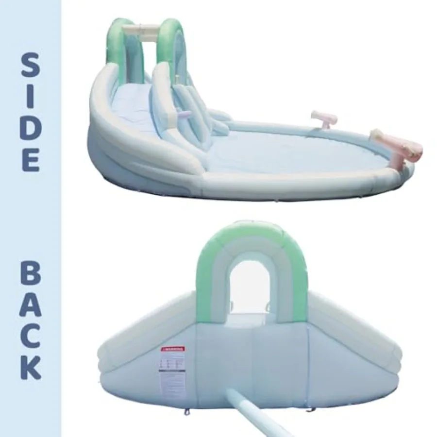Outdoor water park slide for kids: pastel-colored PVC material dual slides with climbing wall and splash pool 13.8 ft L x 13.8