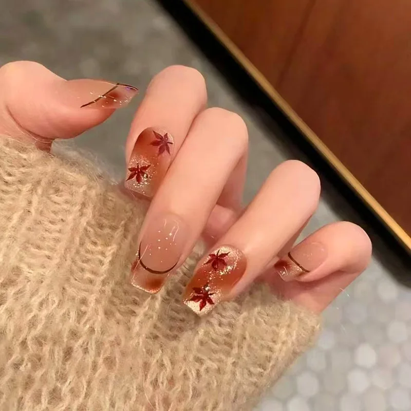 Full Set of 24 Medium Coffin Press-On Nails - Adopted Cat Eye Blended French Maple Blush Pattern Design, Diverse Styles, Trendy