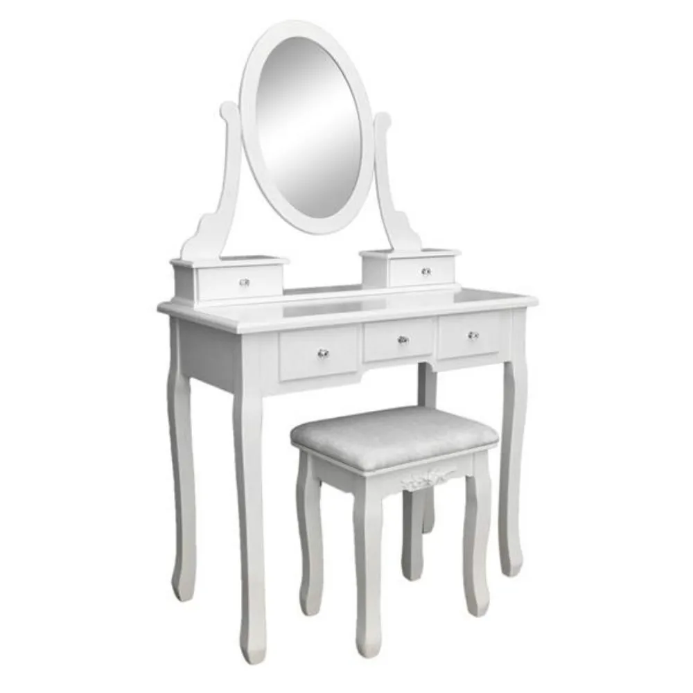 

Dressing Table With Single Mirror 5 Drawers Can 360 Rotation White