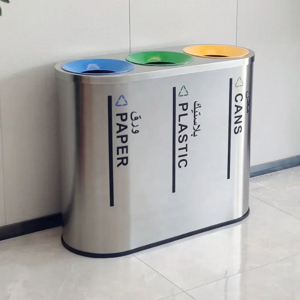 32 Gallon recycle waste bin 3 compatment stainless steel 3 in 1 waste bin indoor recycle bins