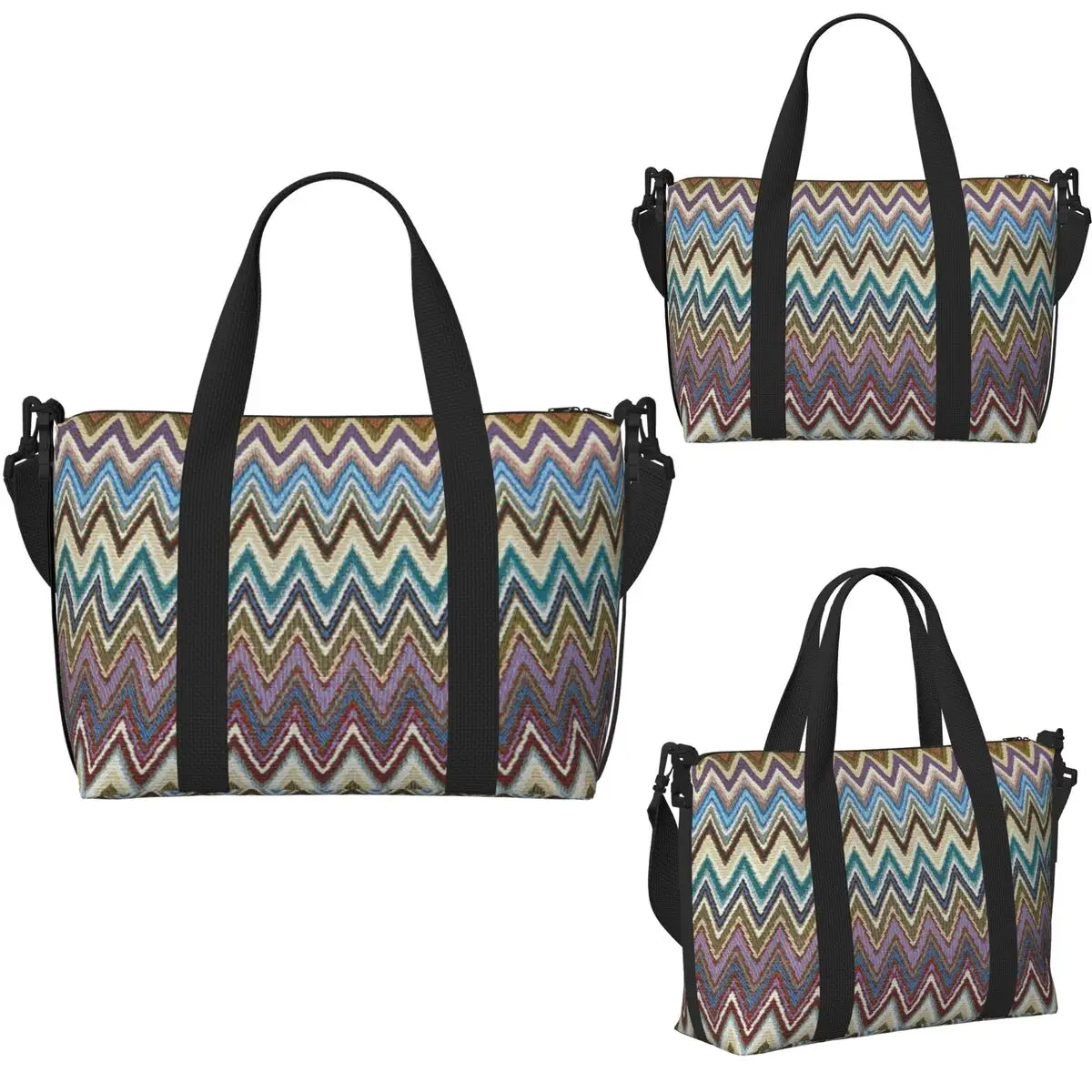 Tas Tote Perjalanan Pantai Multiwarna Geometris Zigzag Modern Boho Chic untuk Tas Bahu Duffel Belanja Wanita Olahraga Gym