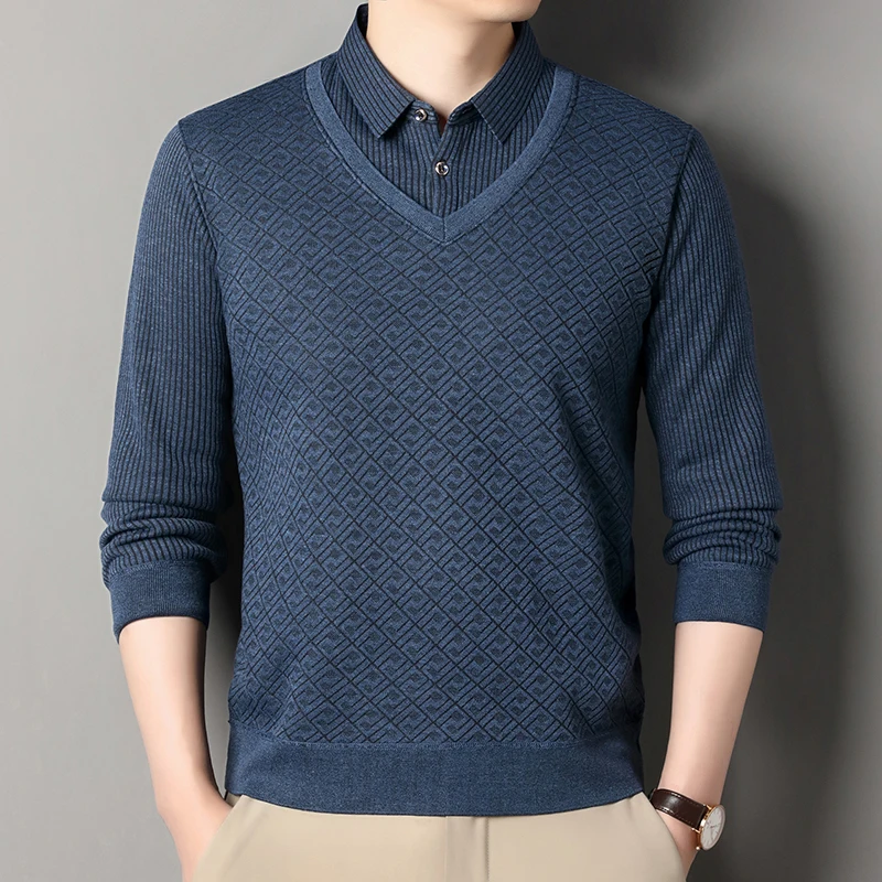 Men's Knit Sweater Pullover Business Casual Sweaters Fleece Autumn Winter Jumpers Fashion Tops Men Business Clothing