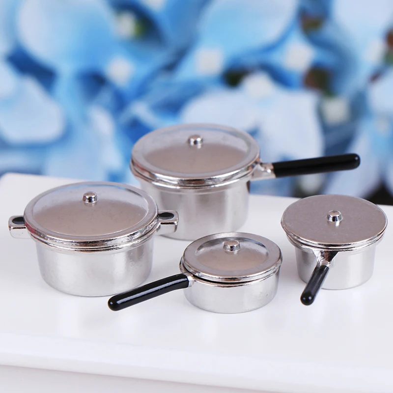 4Pcs Dollhouse Kitchen Pretend Play Toys With Stainless Steel Cookware Pots And Pans Set Cooking Utensils Gifts Learning Tool
