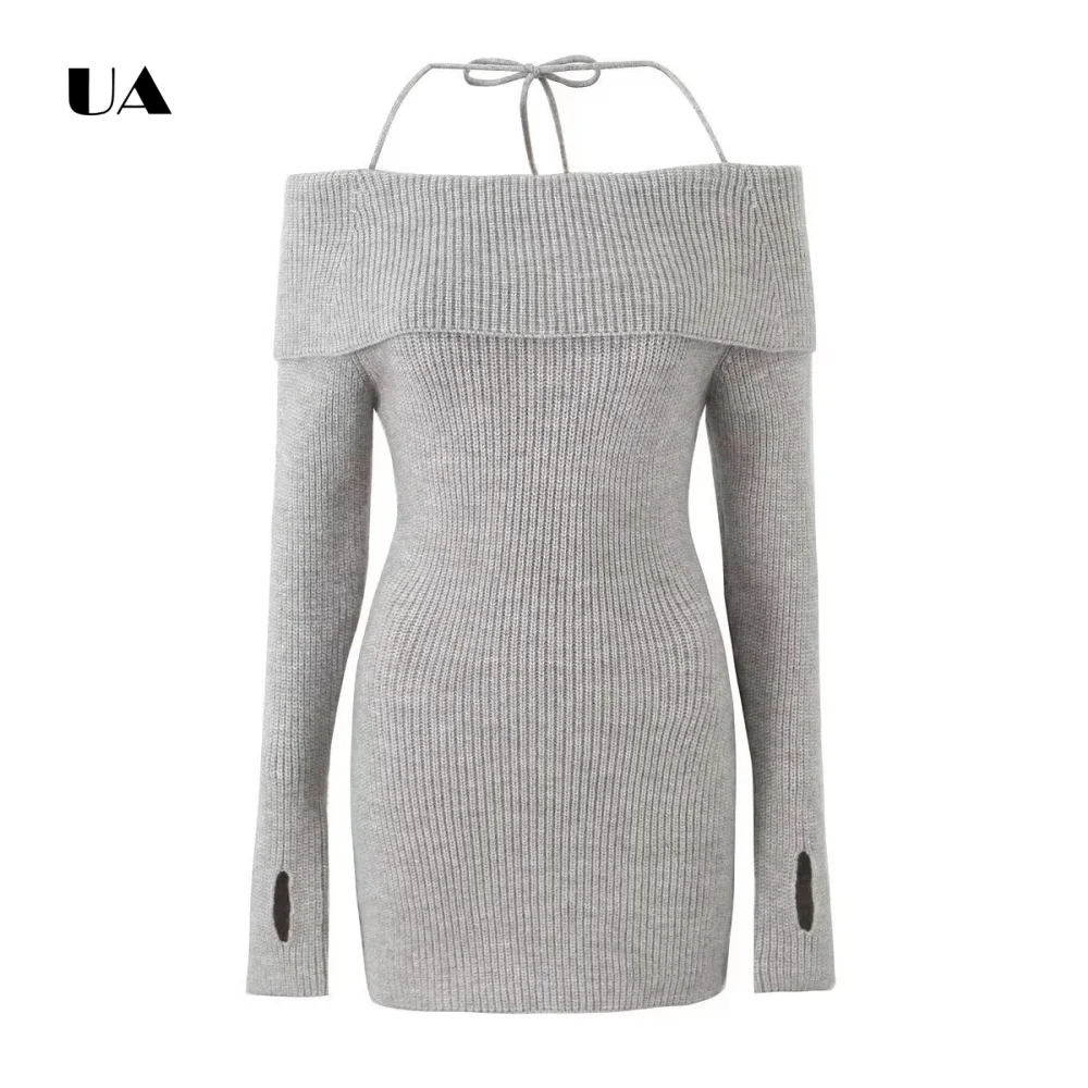 

ULBYANRY Strapless Lace-up Knit Sweater Mini Dress Fashionable Off-the-shoulder Short Dress for Woman Simple Sheath Cutout Dress